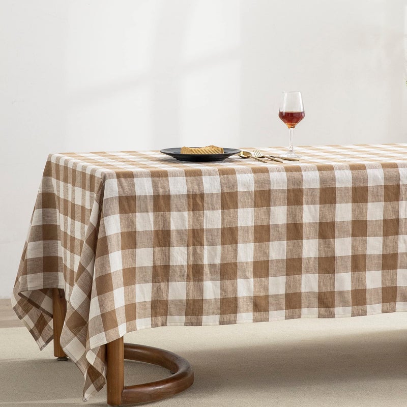 EVERLY 100% Yarn-Dyed Linen Rectangle Tablecloths 60x108Inches for Dining,Buffet Parties,Picnic,Events and Restaurants,Decorative Halloween,Thanksgiving Machine Washable Tablecloths-Brown Plaid - Image 2