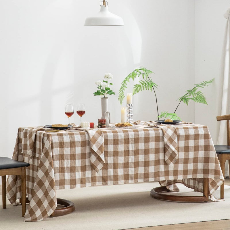 EVERLY 100% Yarn-Dyed Linen Rectangle Tablecloths 60x108Inches for Dining,Buffet Parties,Picnic,Events and Restaurants,Decorative Halloween,Thanksgiving Machine Washable Tablecloths-Brown Plaid - Image 3
