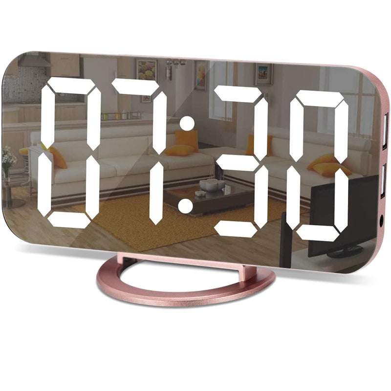SZELAM Alarm Clock for BedroomLED and Mirror Digital Clock Large Displaywith Dual USB Charger PortsAuto DimSnooze ModeModern DeskWall Electronic Clock for Girl Woman Mom Teens  Rose Gold