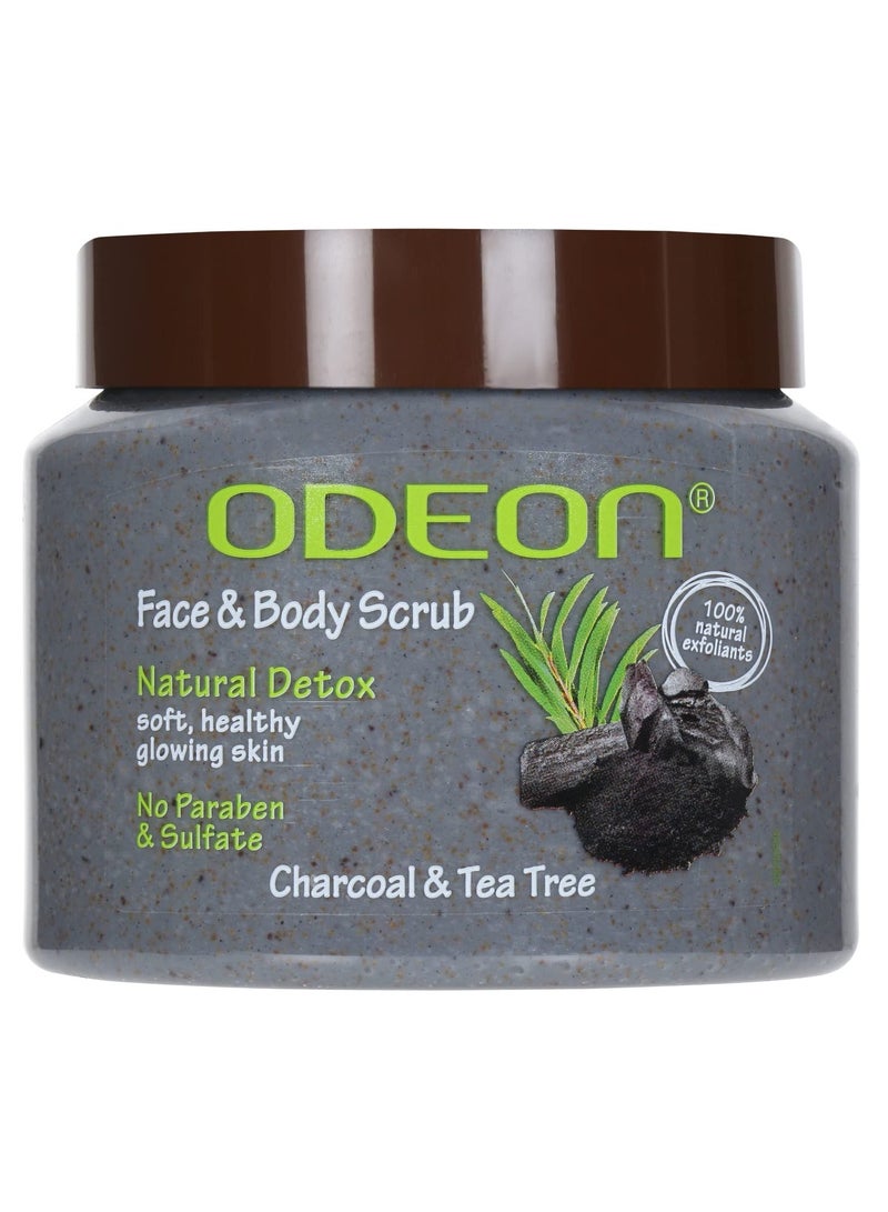 ODEON Charcoal and Tea Tree Oil Body Scrub (300ml) Face Scrub for Oily Skin Body Scrub to Fight Body Odour and Bacteria Gentle Exfoliating Scrub Face Scrub for Natural Detox Soft and Glowing Skin - Image 1
