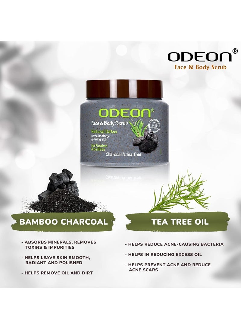 ODEON Charcoal and Tea Tree Oil Body Scrub (300ml) Face Scrub for Oily Skin Body Scrub to Fight Body Odour and Bacteria Gentle Exfoliating Scrub Face Scrub for Natural Detox Soft and Glowing Skin - Image 2