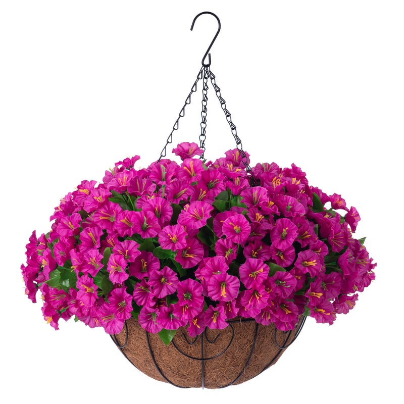 Ammyoo Artificial Hanging Flower Plants with Basket for Outdoor Decoration, Faux Petunias Flowers Fake Morning Glory Planter for Outside Patio Garden Porch Balcony Yard Decor(Fuchsia) - Image 1