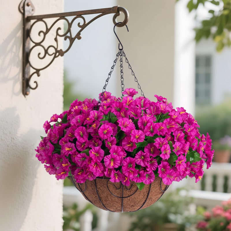 Ammyoo Artificial Hanging Flower Plants with Basket for Outdoor Decoration, Faux Petunias Flowers Fake Morning Glory Planter for Outside Patio Garden Porch Balcony Yard Decor(Fuchsia) - Image 3