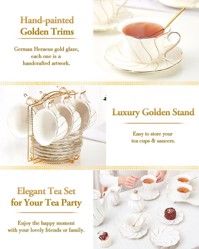DUJUST 22 pcs White Porcelain Tea Set for 6, Luxury British Style Tea/Coffee Cup Set with Golden Trim, Beautiful Tea Set for Women, Tea Party Set, Gift Package (With a Stand) - Image 5