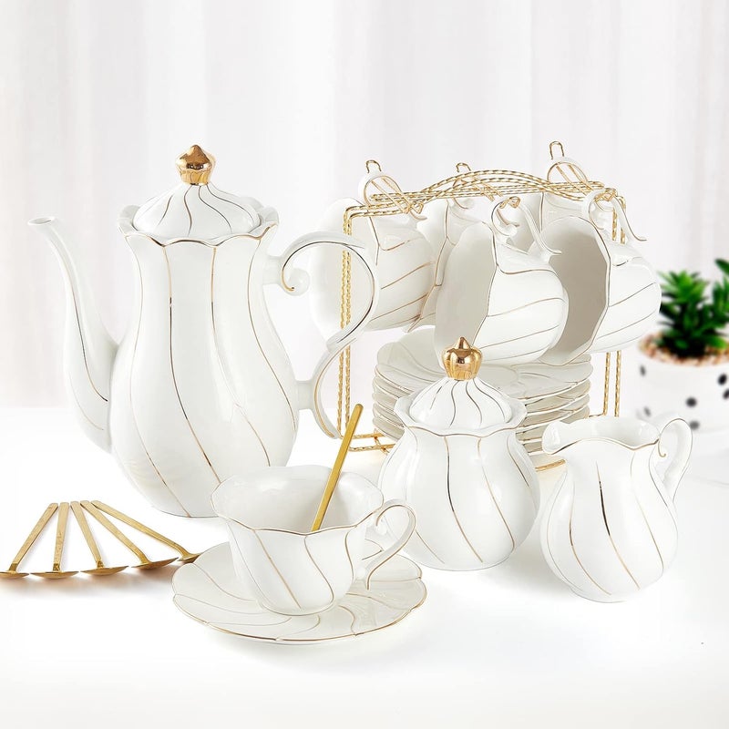 DUJUST 22 pcs White Porcelain Tea Set for 6, Luxury British Style Tea/Coffee Cup Set with Golden Trim, Beautiful Tea Set for Women, Tea Party Set, Gift Package (With a Stand) - Image 1