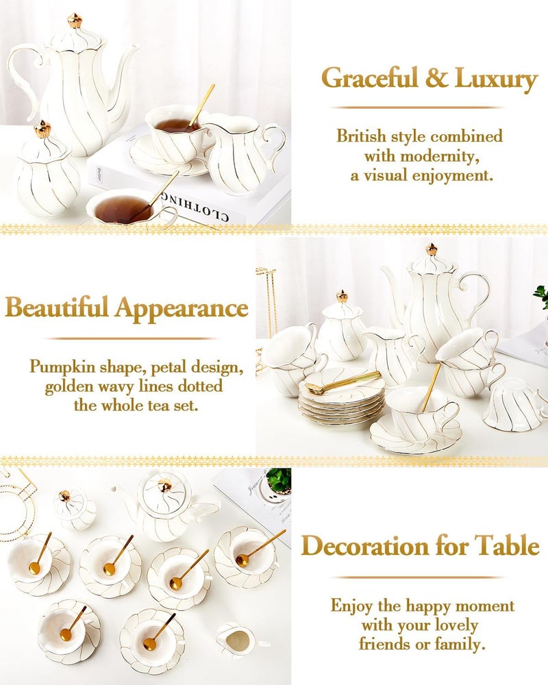 DUJUST 22 pcs White Porcelain Tea Set for 6, Luxury British Style Tea/Coffee Cup Set with Golden Trim, Beautiful Tea Set for Women, Tea Party Set, Gift Package (With a Stand) - Image 4