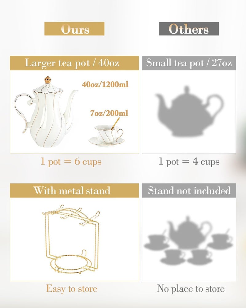 DUJUST 22 pcs White Porcelain Tea Set for 6, Luxury British Style Tea/Coffee Cup Set with Golden Trim, Beautiful Tea Set for Women, Tea Party Set, Gift Package (With a Stand) - Image 2