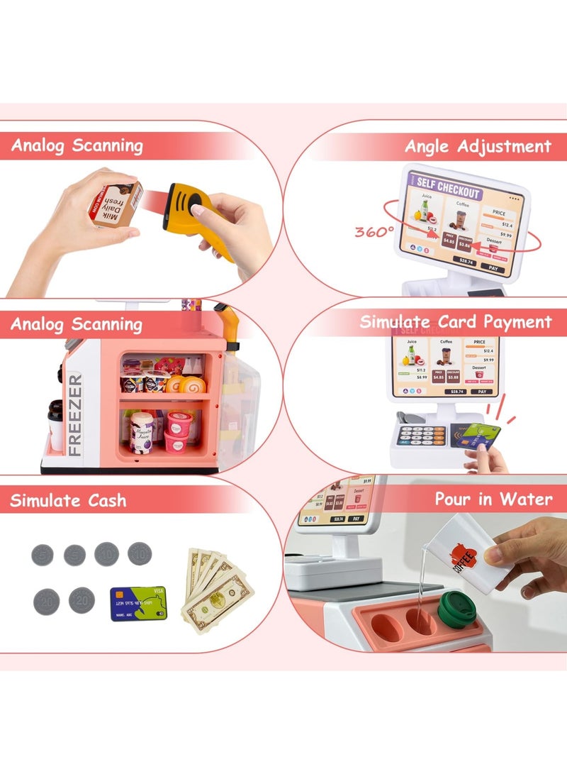 SYOSI 46Pcs Pretend Play Cash Register Toy Set, Children's Supermarket Vending Machine with Calculator, Shopping Bag, Scanners, Credit Cards, Coffee Machine, Play Food, Gift for Boys and Girls Ages 3+ - Image 2