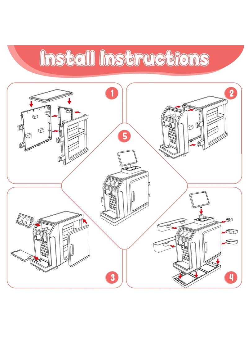 SYOSI 46Pcs Pretend Play Cash Register Toy Set, Children's Supermarket Vending Machine with Calculator, Shopping Bag, Scanners, Credit Cards, Coffee Machine, Play Food, Gift for Boys and Girls Ages 3+ - Image 5