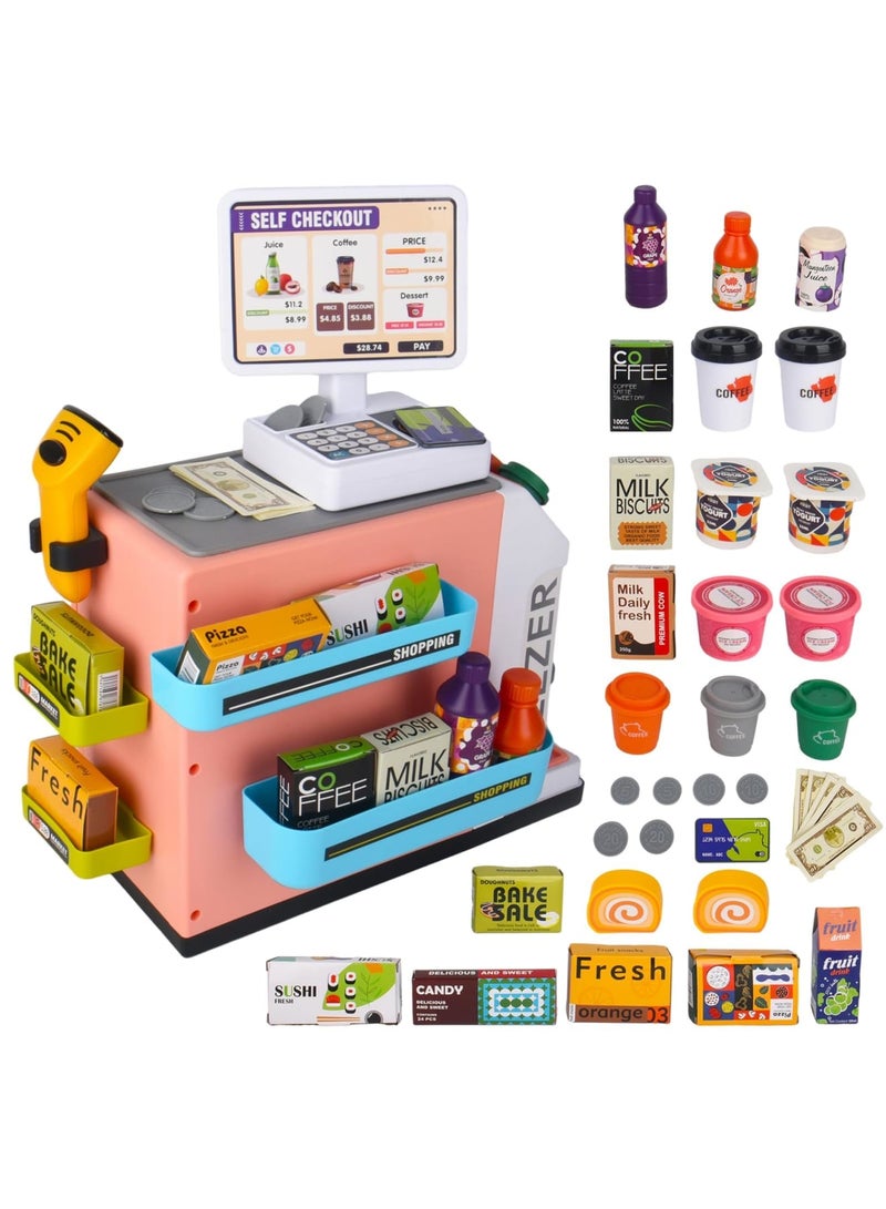 SYOSI 46Pcs Pretend Play Cash Register Toy Set, Children's Supermarket Vending Machine with Calculator, Shopping Bag, Scanners, Credit Cards, Coffee Machine, Play Food, Gift for Boys and Girls Ages 3+ - Image 1