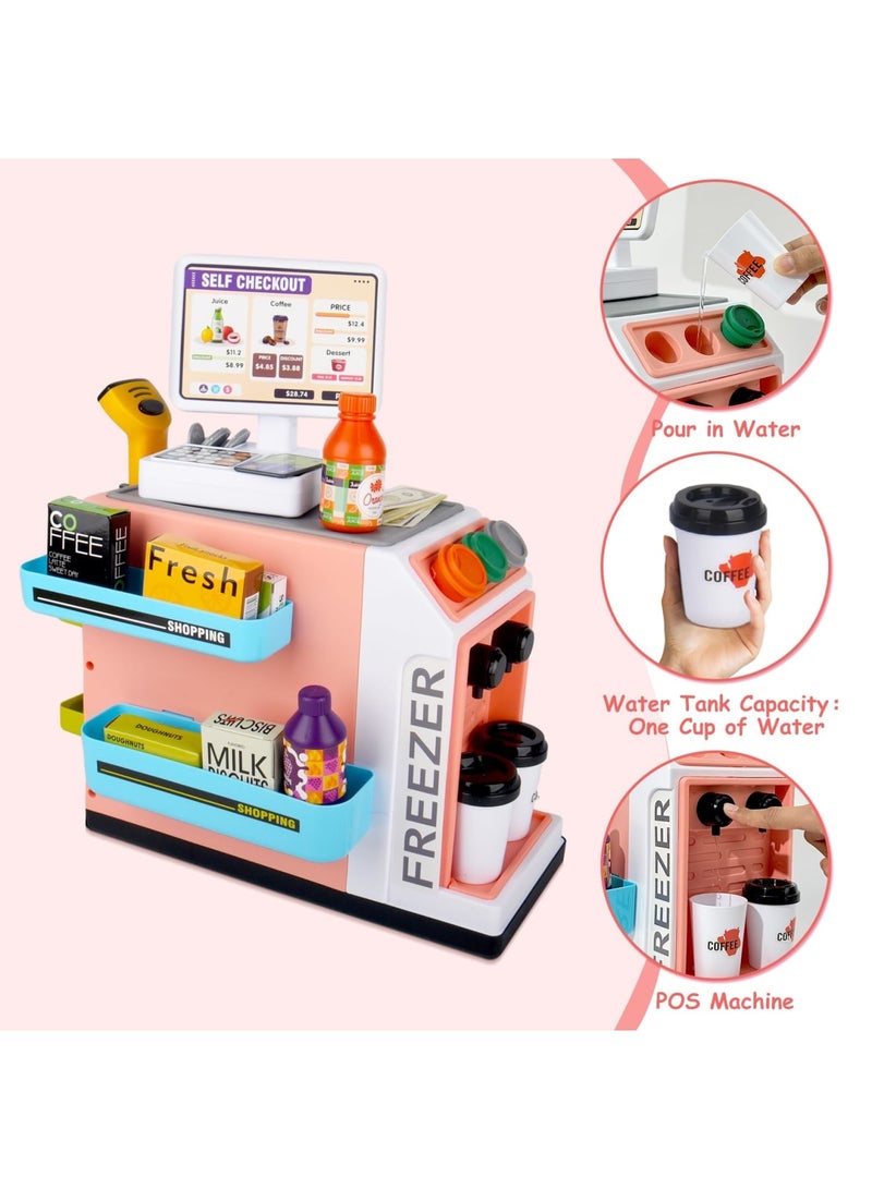 SYOSI 46Pcs Pretend Play Cash Register Toy Set, Children's Supermarket Vending Machine with Calculator, Shopping Bag, Scanners, Credit Cards, Coffee Machine, Play Food, Gift for Boys and Girls Ages 3+ - Image 4