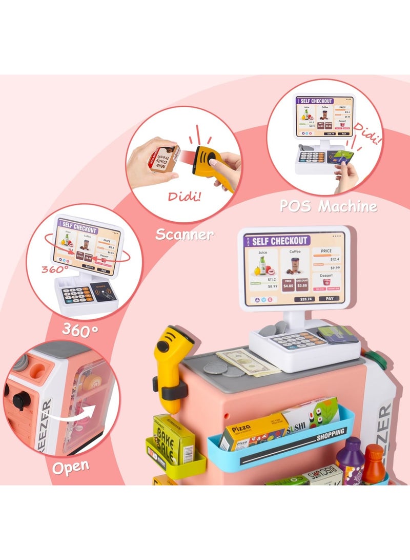 SYOSI 46Pcs Pretend Play Cash Register Toy Set, Children's Supermarket Vending Machine with Calculator, Shopping Bag, Scanners, Credit Cards, Coffee Machine, Play Food, Gift for Boys and Girls Ages 3+ - Image 3