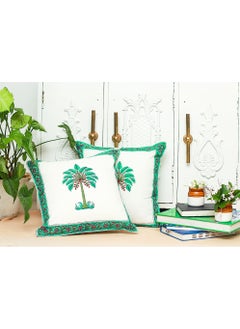 OJARIYA Palm Green Organic Cotton Hand Block Printed Cushion Cover 40 X 40 cm  - Image 1