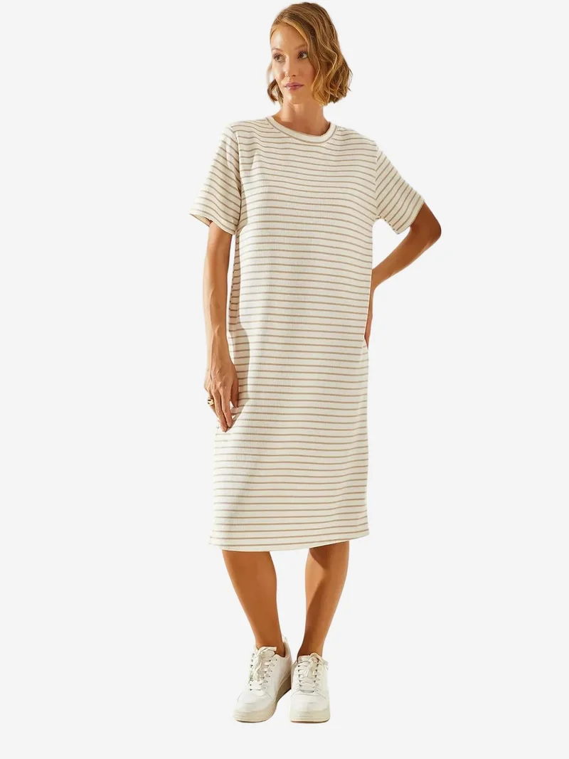 بيانكو لوتشي LUCCI Striped Crew Neck Mini Dress