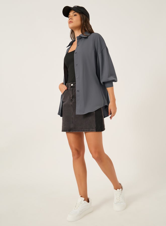 ستايلي قميص فضفاض بياقة عادية سادة - Image 2