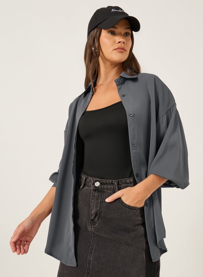 ستايلي قميص فضفاض بياقة عادية سادة - Image 1