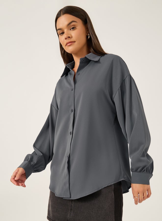 ستايلي قميص فضفاض بياقة عادية سادة - Image 3