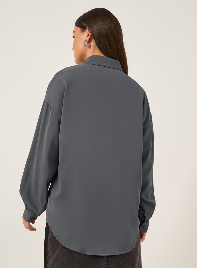 ستايلي قميص فضفاض بياقة عادية سادة - Image 5