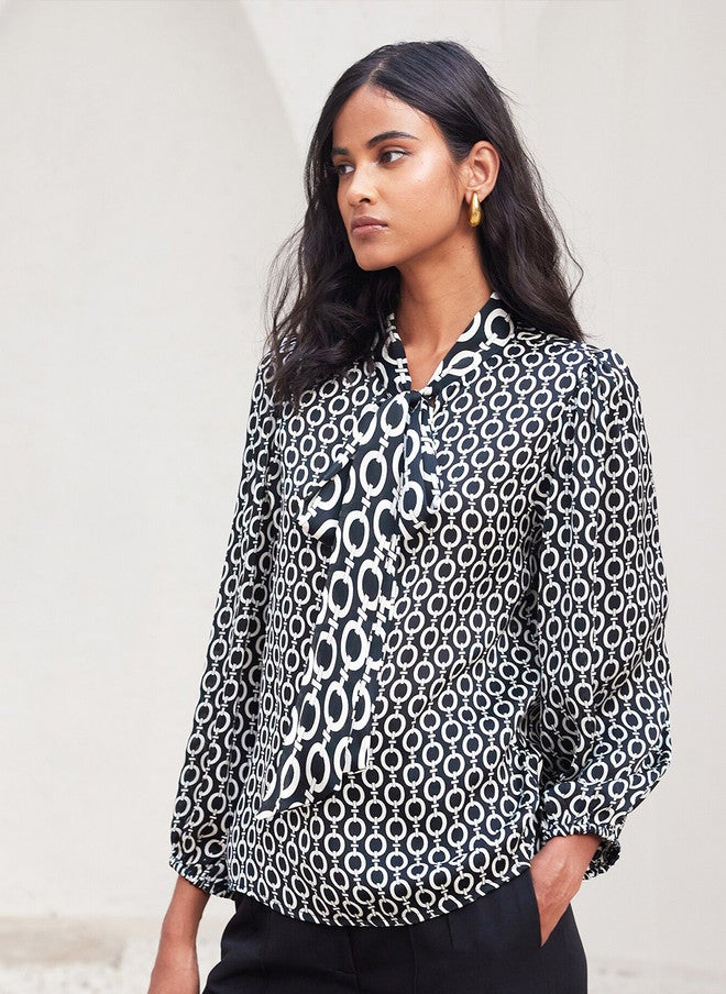 SALT ATTIRE Geometric Printed Tie-Up Neck Long Sleeves Shirt Style Top - Image 3