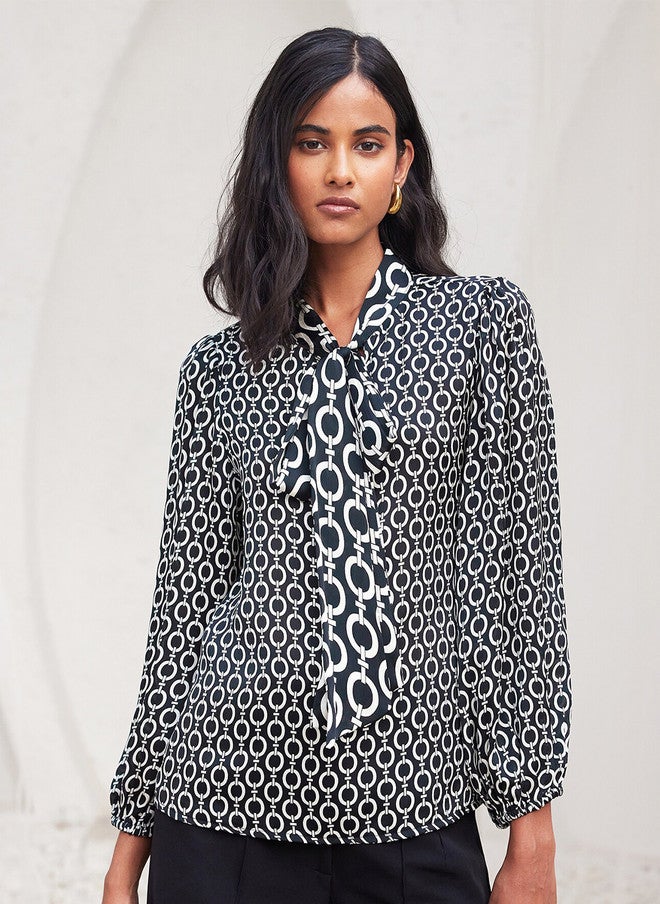 SALT ATTIRE Geometric Printed Tie-Up Neck Long Sleeves Shirt Style Top - Image 1