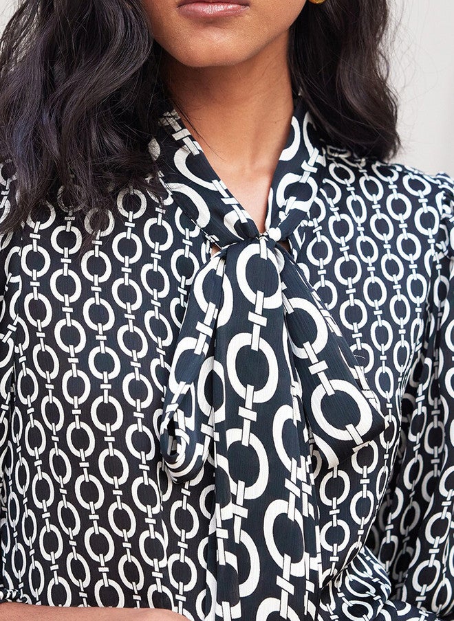 SALT ATTIRE Geometric Printed Tie-Up Neck Long Sleeves Shirt Style Top - Image 2