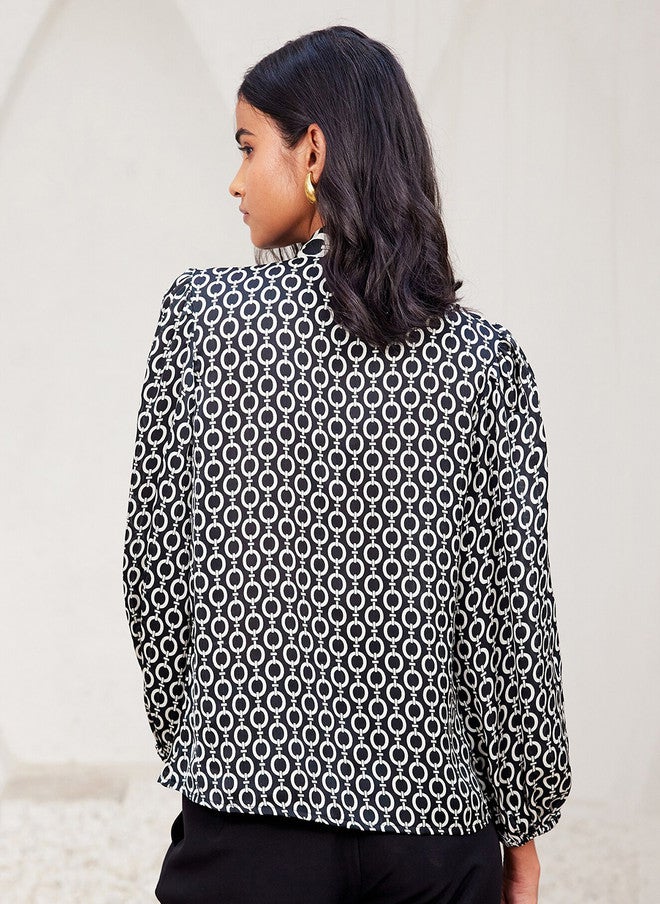 SALT ATTIRE Geometric Printed Tie-Up Neck Long Sleeves Shirt Style Top - Image 4