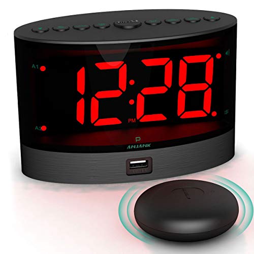 ANJANK Extra Loud Alarm Clock for Heavy Sleepers, Wireless Bed Shaker, Vibrating Dual Alarm, Deaf and Hearing-impaired, Adjustable Volume/Dimmer/Wake up Mode, USB Charger Port - Image 1