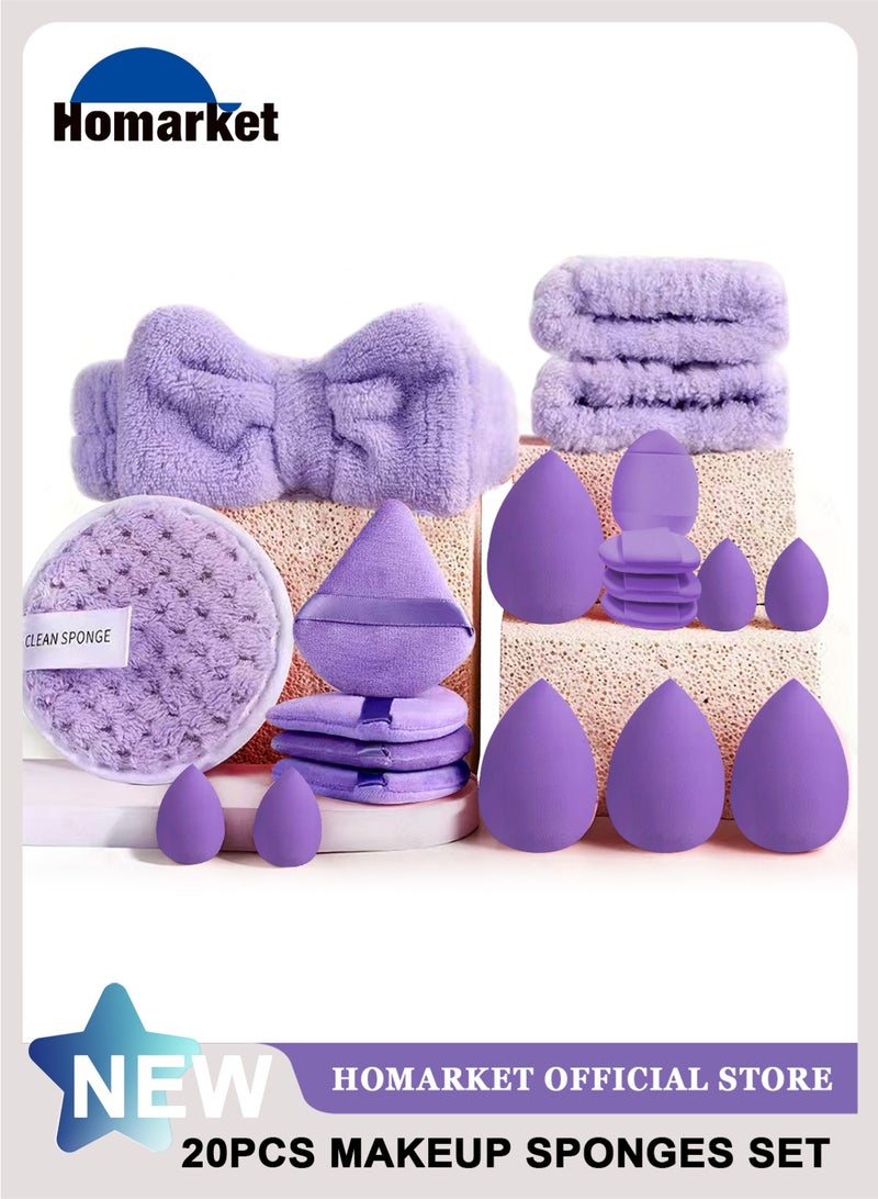 هومار كيت مجموعة إسفنجات مكياج مكونة من 20 قطعة، مجموعة إسفنجات مزج متعددة الألوان مع عصابة رأس ومنفاخات بودرة وإسفنجة تنظيف وأساور معصم، إسفنجات تجميل متوسطة الحجم وصغيرة الحجم لتحديد الوجه والعين والزوايا (أرجواني) - Image 1