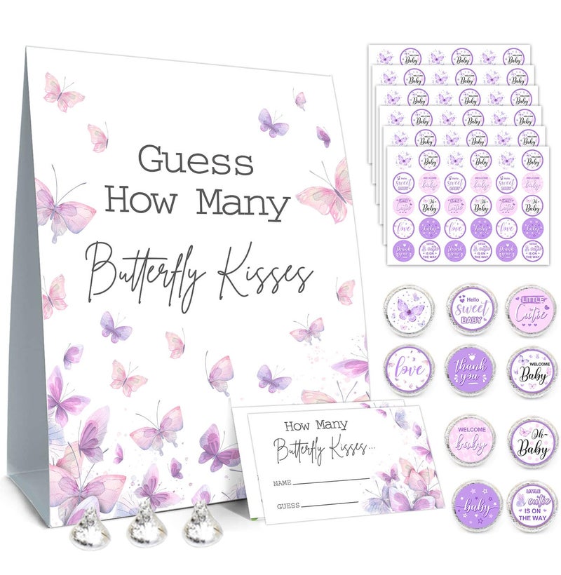 ALodr Butterfly Kisses Baby Shower Game Set - Guess How Many Kisses, 50 Cards, Standing Sign, 180 Stickers - Image 1