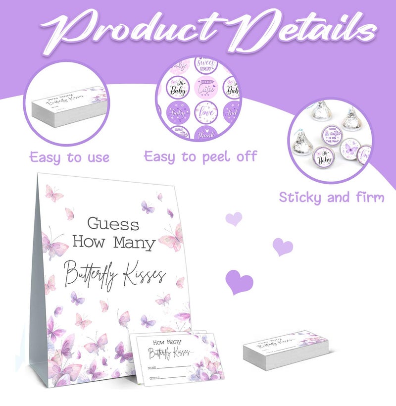 ALodr Butterfly Kisses Baby Shower Game Set - Guess How Many Kisses, 50 Cards, Standing Sign, 180 Stickers - Image 3