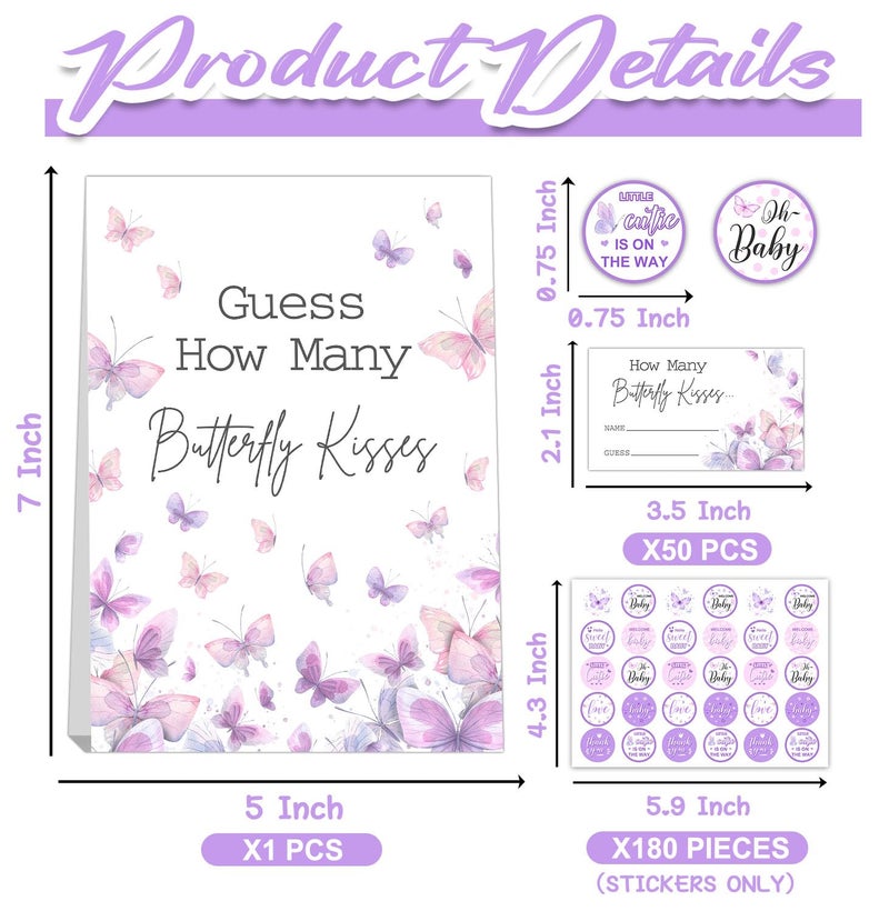 ALodr Butterfly Kisses Baby Shower Game Set - Guess How Many Kisses, 50 Cards, Standing Sign, 180 Stickers - Image 2