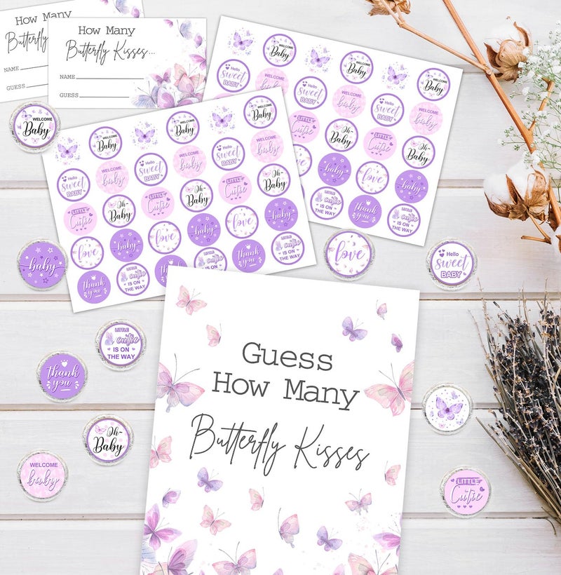 ALodr Butterfly Kisses Baby Shower Game Set - Guess How Many Kisses, 50 Cards, Standing Sign, 180 Stickers - Image 5