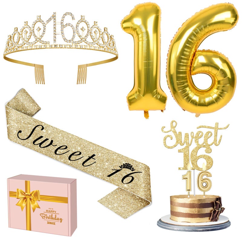 16th Birthday Decorations for Girls Gold with Sweet 16 Sash and Tiara Cake Topper and Candles Number Balloons Sweet 16 Party Decoration Gifts