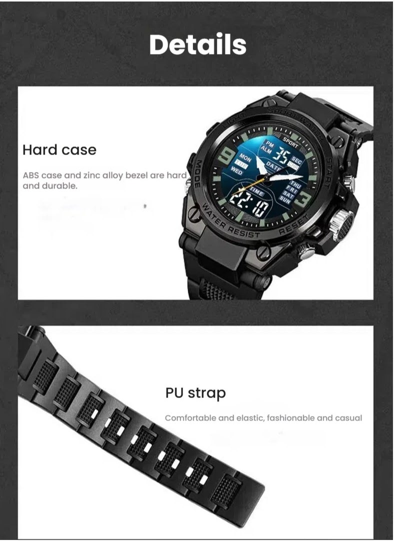 Watches for men Sports outdoor waterproof watch, analog digital display watch, EL backlit, date display, alarm, week display, hourly chime, multifunctional wrist watch