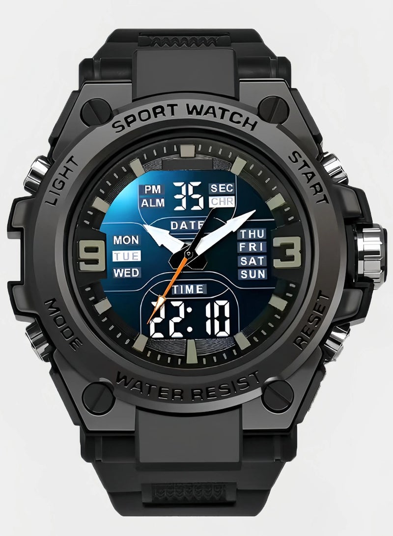 Sanda Men Sports Quartz Watches Dual Display LED Electronic Digital Wristwatches Waterproof Military Watch-Black-52mm - Image 1