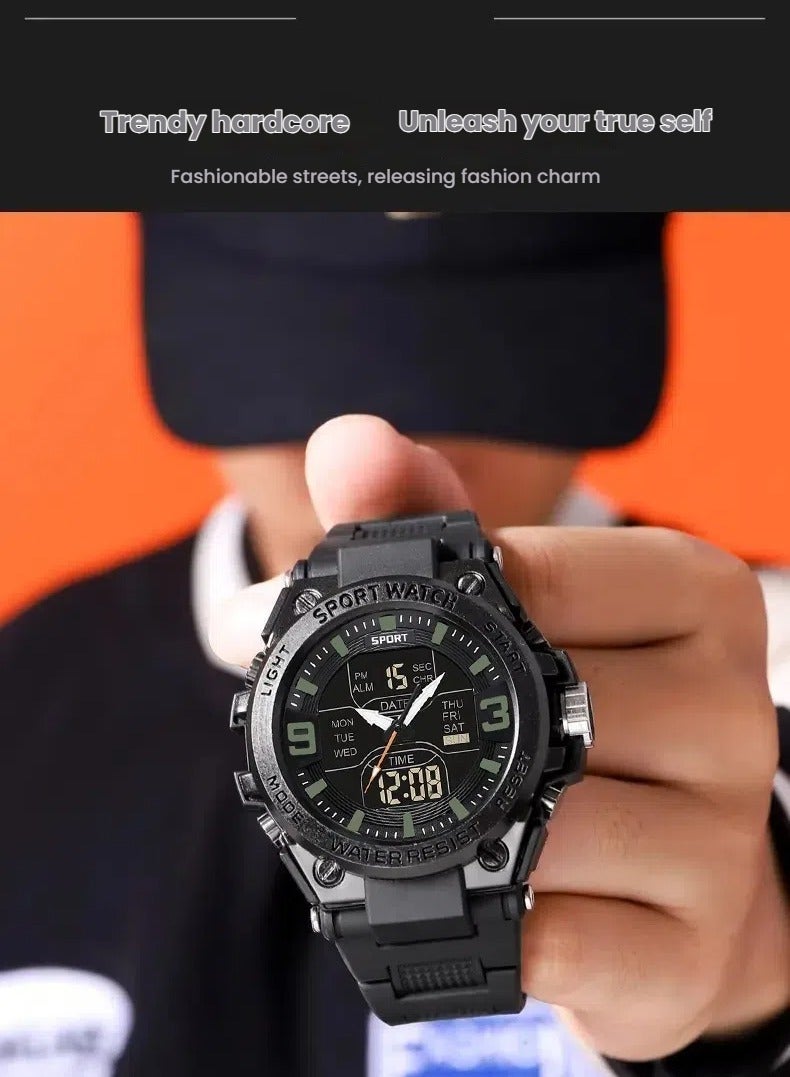 Sanda Men Sports Quartz Watches Dual Display LED Electronic Digital Wristwatches Waterproof Military Watch-Black-52mm - Image 3