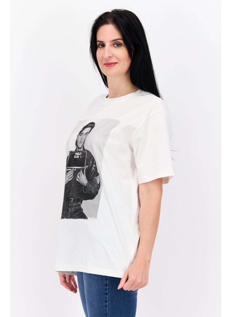 ELVIS Women Crew Neck Short Sleeve Graphic Print T-Shirt, Off White  - Image 2