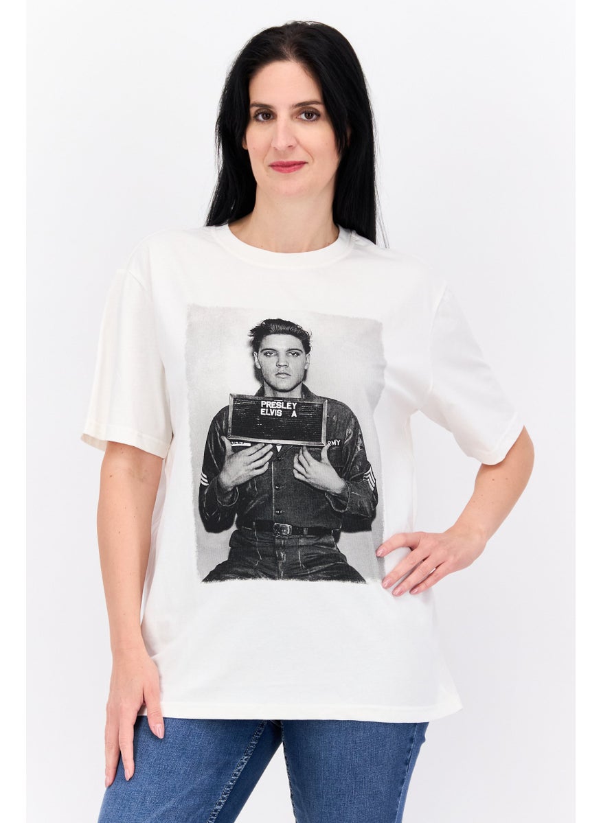 ELVIS Women Crew Neck Short Sleeve Graphic Print T-Shirt, Off White  - Image 1