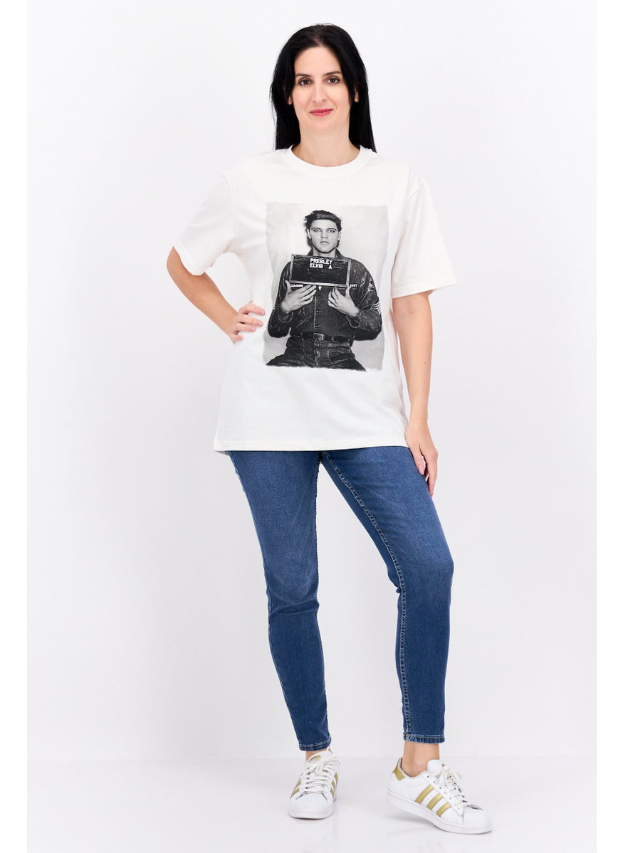 ELVIS Women Crew Neck Short Sleeve Graphic Print T-Shirt, Off White  - Image 4
