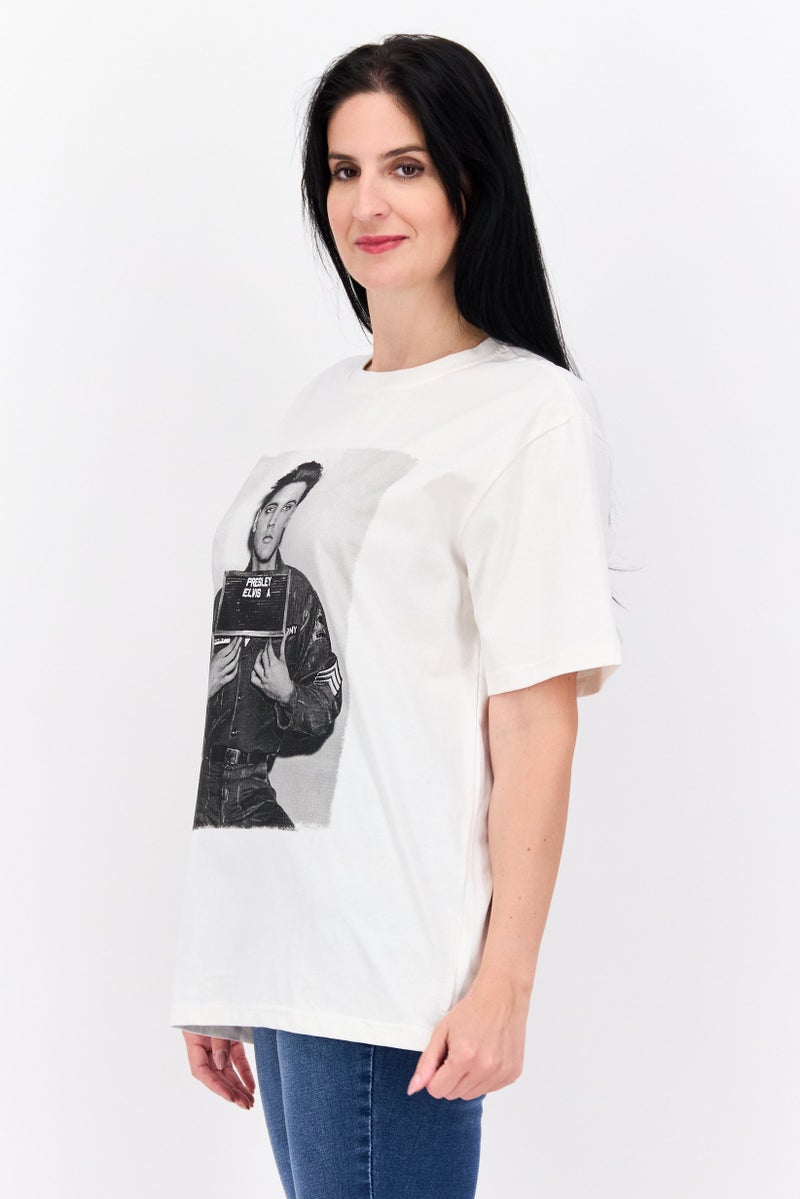 ELVIS تي شيرت نسائي بأكمام قصيرة وياقة دائرية، مطبوع برسومات، أبيض فاتح - Image 2