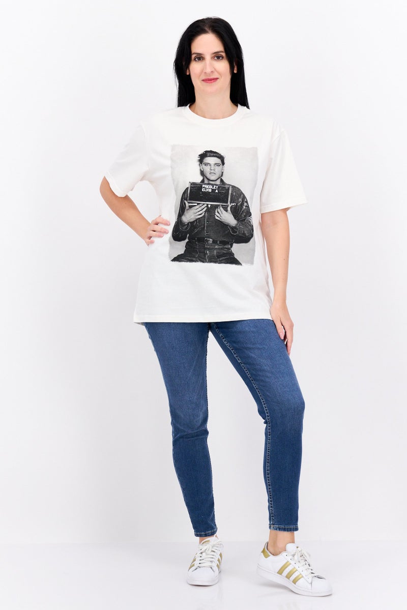 ELVIS تي شيرت نسائي بأكمام قصيرة وياقة دائرية، مطبوع برسومات، أبيض فاتح - Image 4