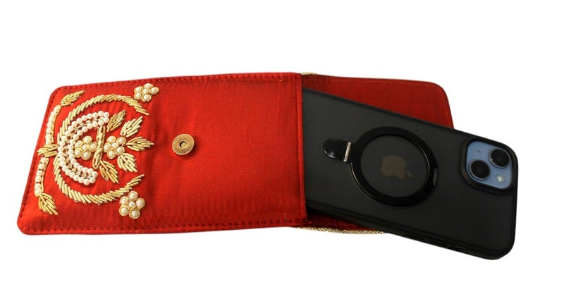 MILAN'S CREATION Exclusive Mobile Pouch Zardozi Hand Embroidery With Waist Clip Hook & Sling Chain (removable) | Ladies Women’s Handbag Wallet Sling Purse | Party Wedding Festival Giveaways Gift | - Image 3