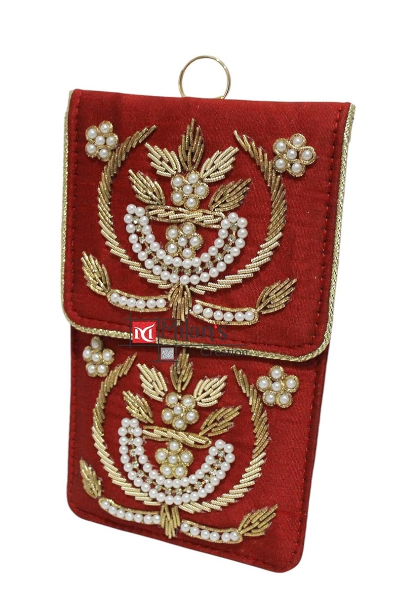 MILAN'S CREATION Exclusive Mobile Pouch Zardozi Hand Embroidery With Waist Clip Hook & Sling Chain (removable) | Ladies Women’s Handbag Wallet Sling Purse | Party Wedding Festival Giveaways Gift | - Image 2