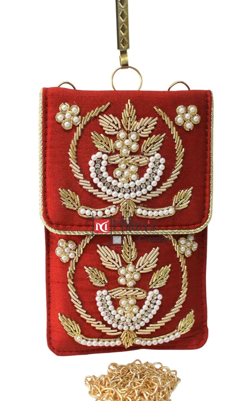 MILAN'S CREATION Exclusive Mobile Pouch Zardozi Hand Embroidery With Waist Clip Hook & Sling Chain (removable) | Ladies Women’s Handbag Wallet Sling Purse | Party Wedding Festival Giveaways Gift | - Image 1