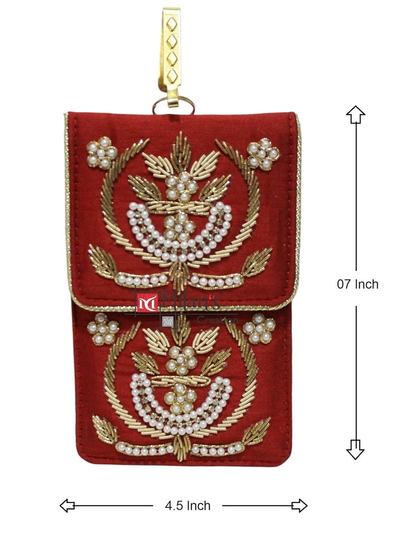 MILAN'S CREATION Exclusive Mobile Pouch Zardozi Hand Embroidery With Waist Clip Hook & Sling Chain (removable) | Ladies Women’s Handbag Wallet Sling Purse | Party Wedding Festival Giveaways Gift | - Image 4