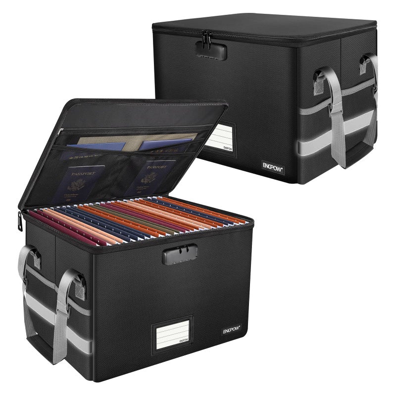 ENGPOW File Box with Lock, Fireproof Document Box with Pockets, Collapsible File Organizer Filing Storage Cabinet with Handle, Portable Home Office Safe for Hanging Letter/Legal Folders,Black,2 Pack - Image 1