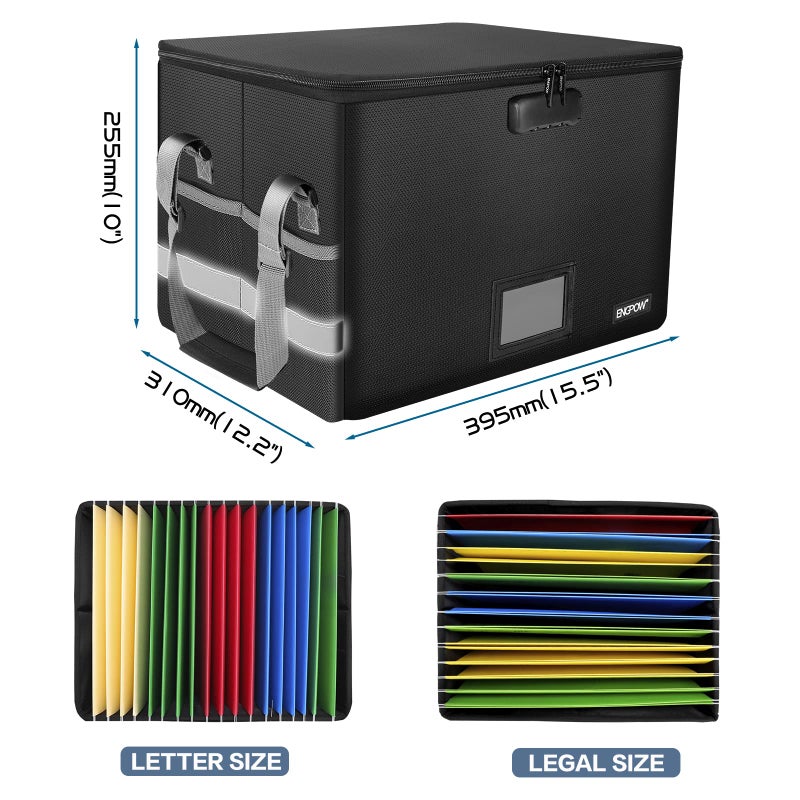 ENGPOW File Box with Lock, Fireproof Document Box with Pockets, Collapsible File Organizer Filing Storage Cabinet with Handle, Portable Home Office Safe for Hanging Letter/Legal Folders,Black,2 Pack - Image 5