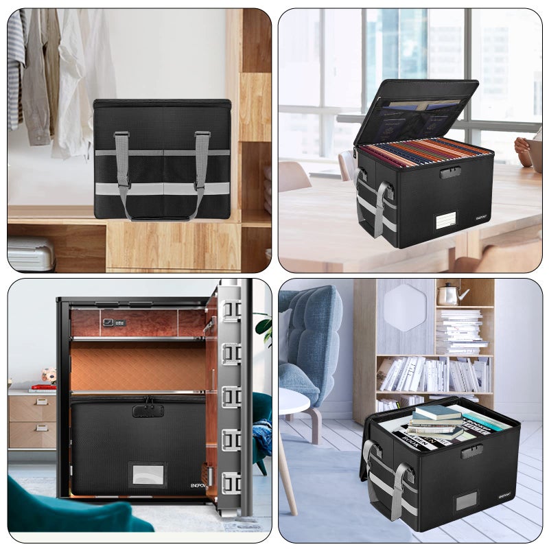 ENGPOW File Box with Lock, Fireproof Document Box with Pockets, Collapsible File Organizer Filing Storage Cabinet with Handle, Portable Home Office Safe for Hanging Letter/Legal Folders,Black,2 Pack - Image 2