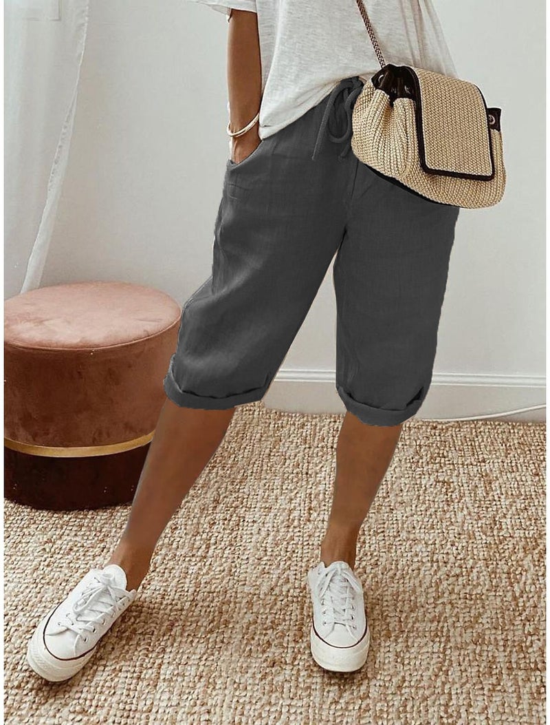 Women's Cotton Linen Mid-Rise Casual Capri Pants with Pockets - Loose Fit, Commuter Style, Spring 2023