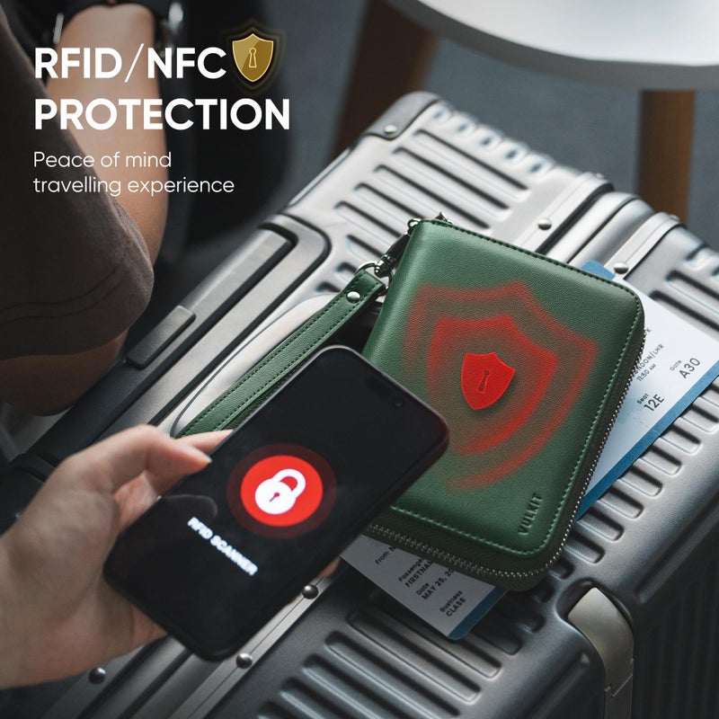 VULKIT Passport Holder for Travel with Airtag Slot, Premium Nappa Leather, RFID Blocking, Zipper Closure with Wrist Strap, Travel Document Organizer - Image 4